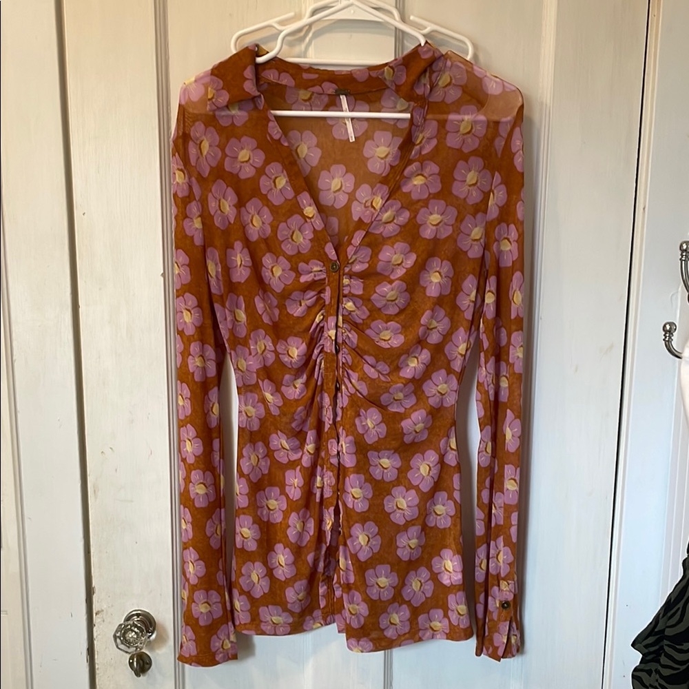 Free People Brown Ruched Long Sleeve Blouse